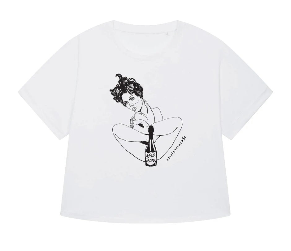 1. Women's white cropped t-shirt with black graphic of a woman holding a bottle labeled 'Male Tears' by Katrin Valgemäe, featuring rolled sleeves and round hem.