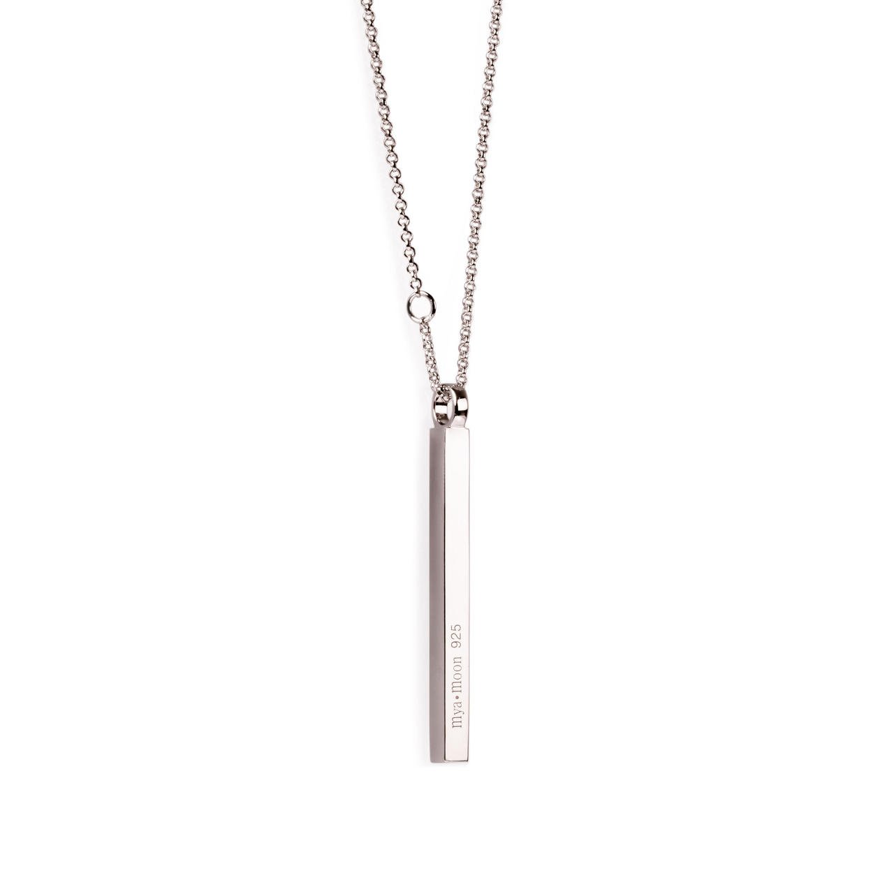 2. Studio image of MyaMoon Silverbar necklace in 925 silver with rhodium plating, featuring adjustable chain