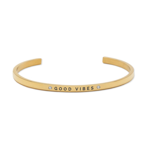 1. Gold 'Good Vibes' bracelet by Olla, crafted from polished stainless steel with engraved text and crystal accents, shown in studio