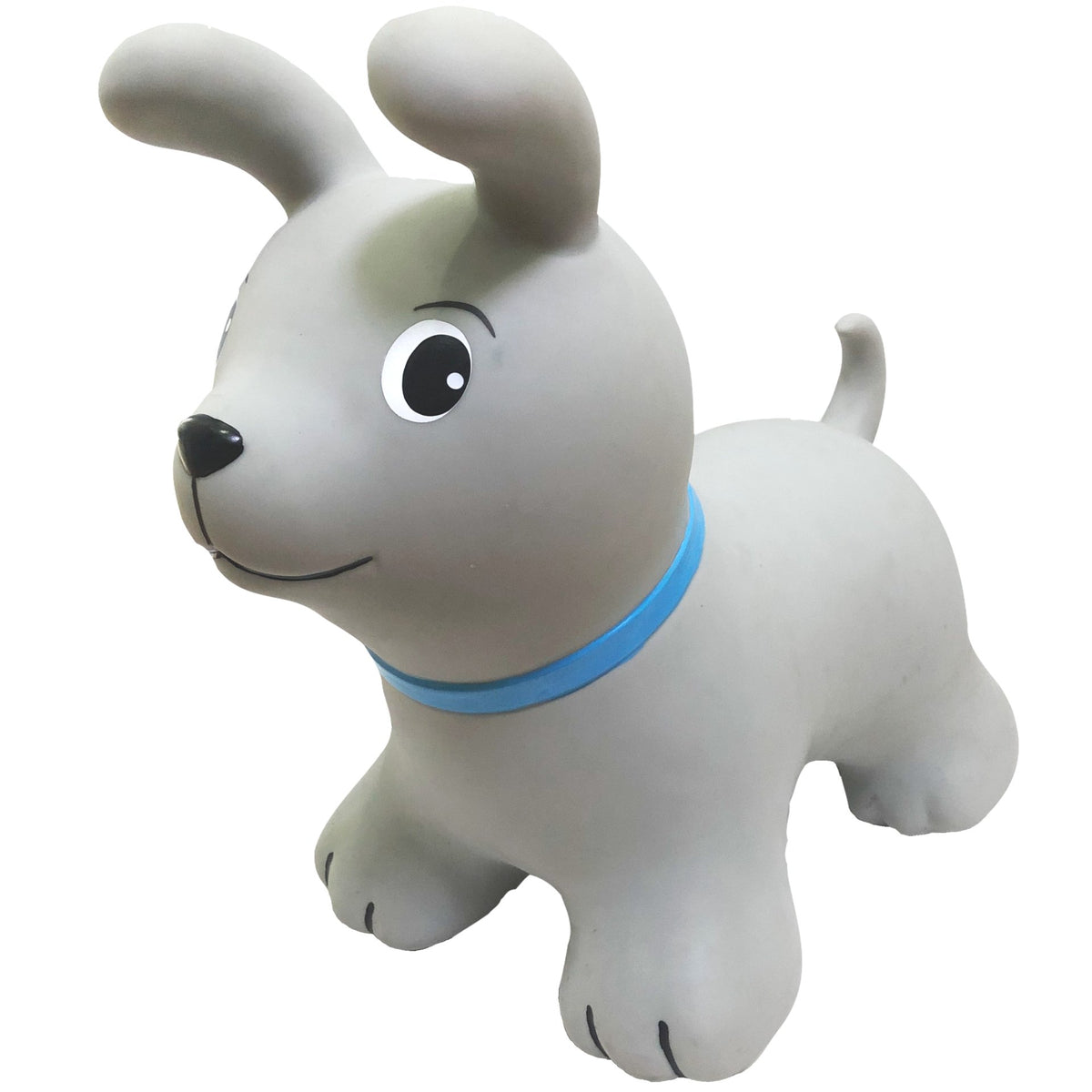 2. Grey dog-shaped hopper toy with blue collar, designed for children, shown on a white background