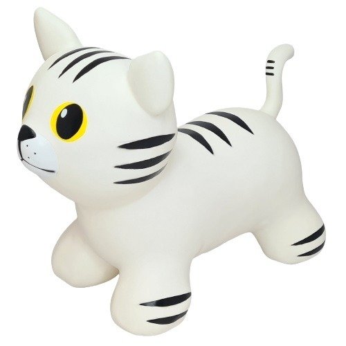 2. White cat-shaped hopper toy with black stripes and yellow eyes on a white background