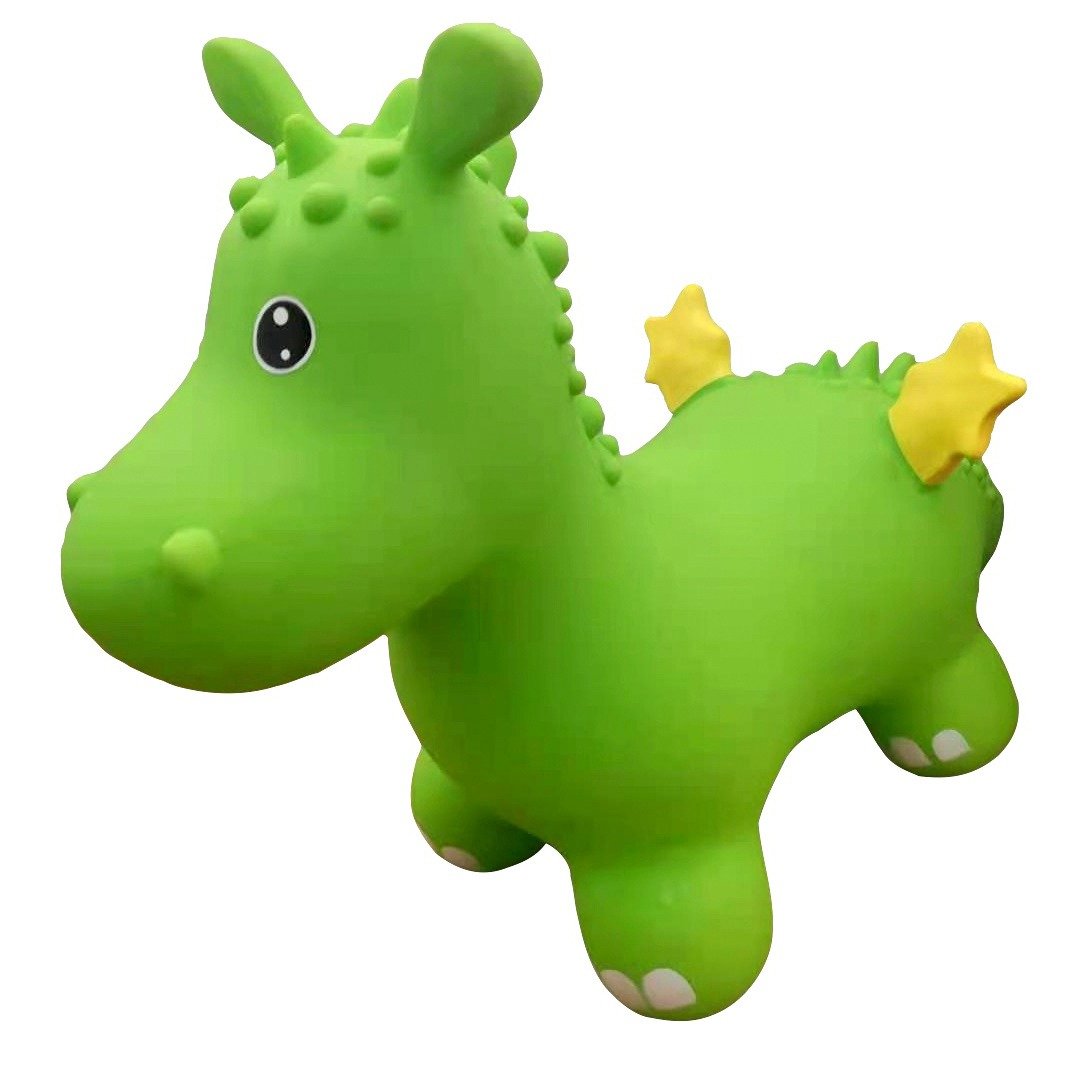 2. Green dragon-shaped children's hopper toy with yellow wings and textured surface, designed for balance and coordination, shown on a white background