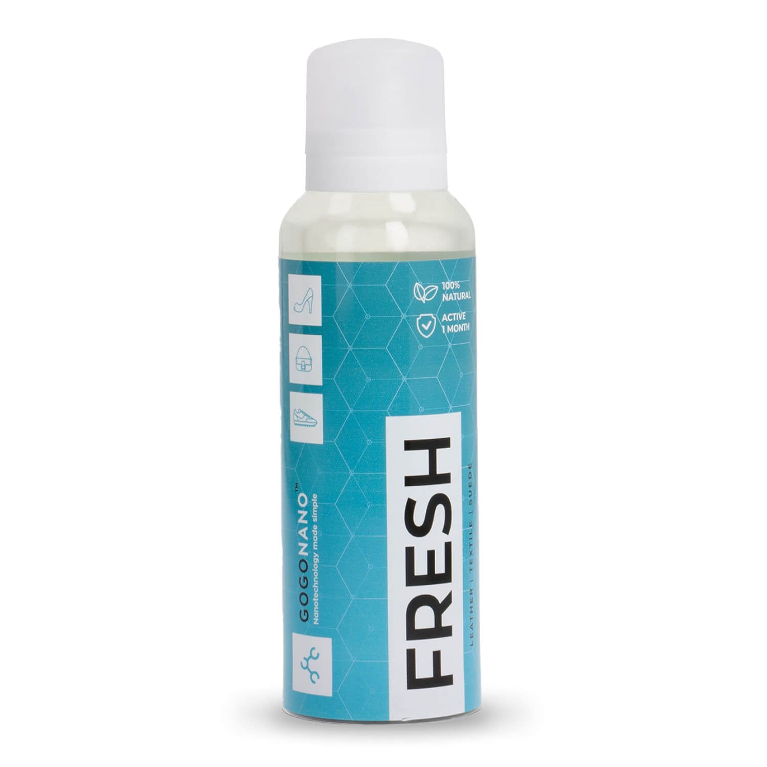 3. GoGoNano shoe freshener bottle in studio setting, featuring 100% natural and eco-friendly formula