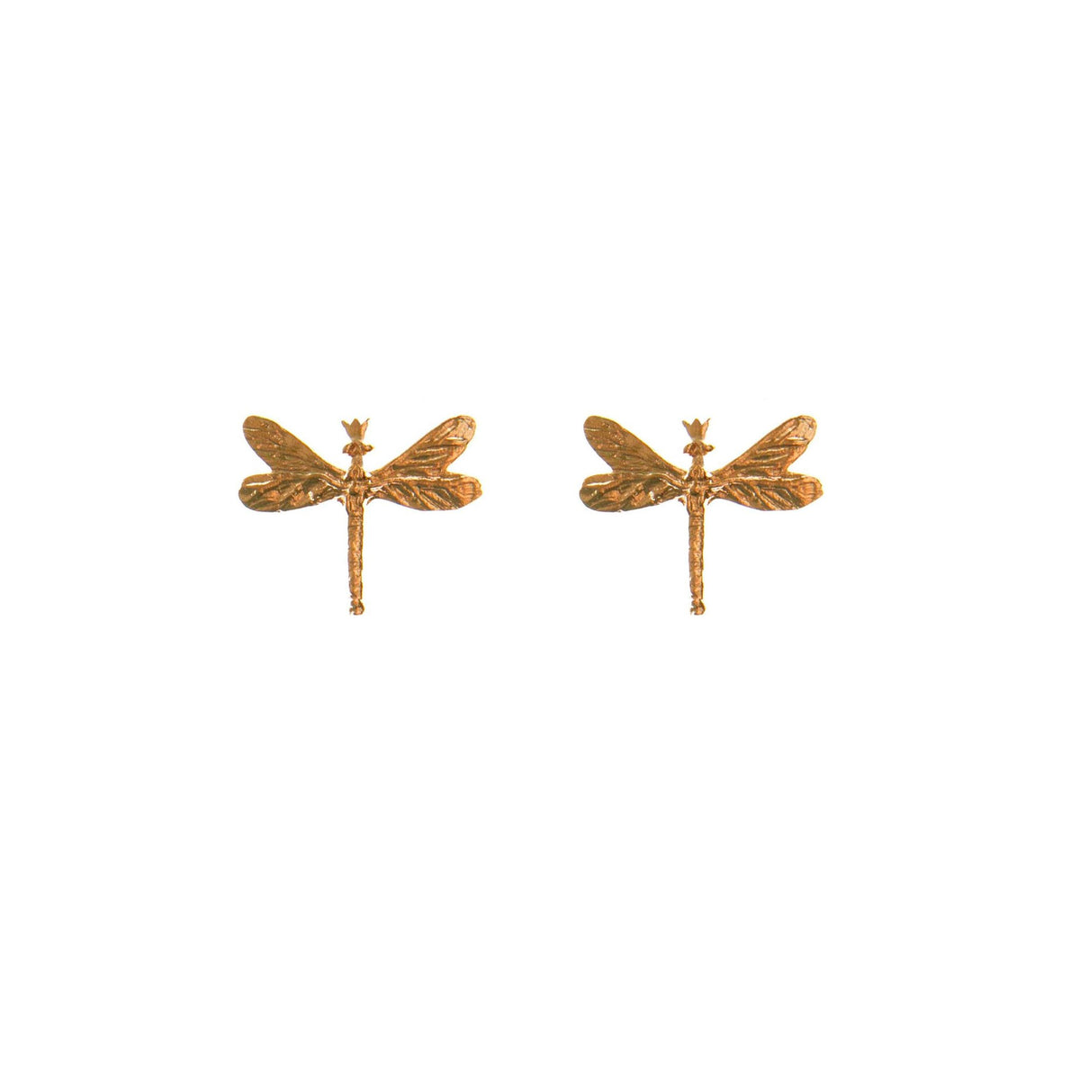 2. Gold dragonfly earrings made of gold plated silver shown on a white background highlighting intricate wing details