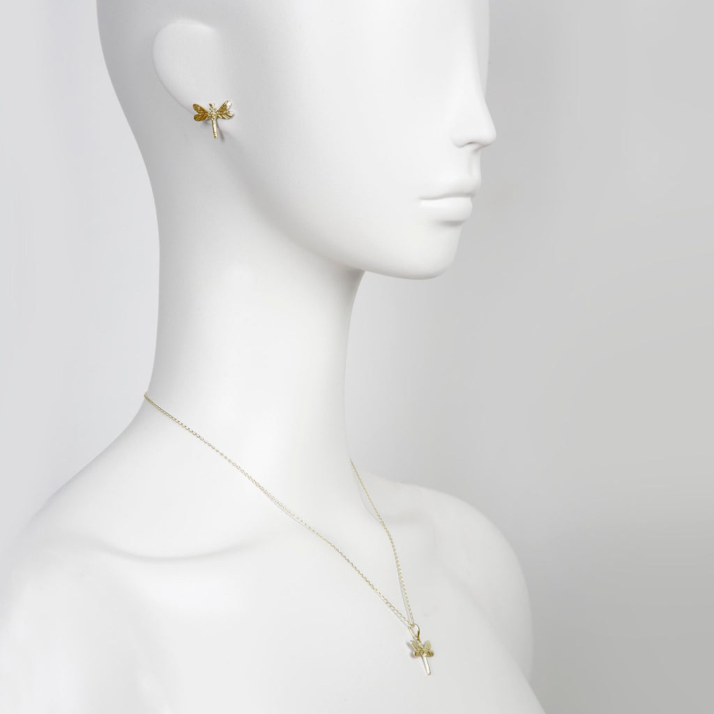 1. Mannequin wearing gold dragonfly pendant necklace and matching earring, highlighting elegant design and chain length