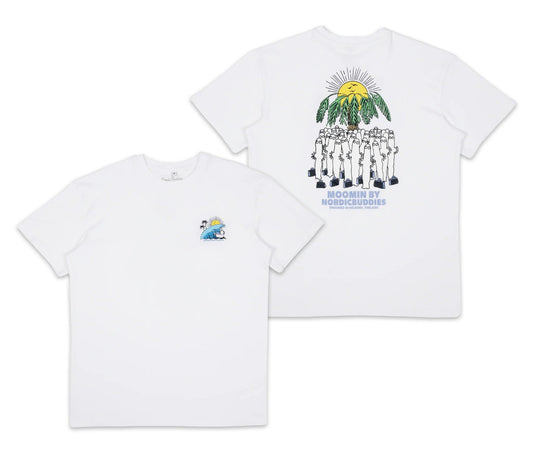 2. Unisex Hattifatteners Surf Trip T-Shirt by Moomin, front and back view, flat lay showing graphic design