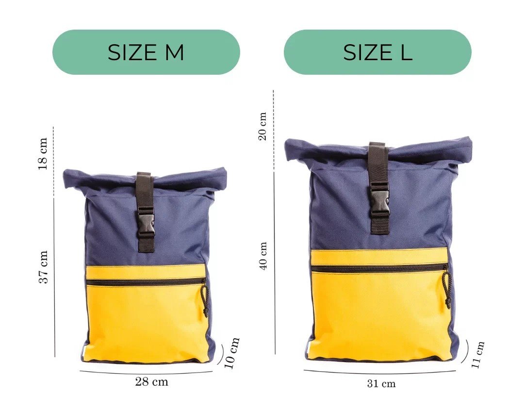 5. Size chart for Drinbags CAKE waterproof backpack, showing medium and large dimensions