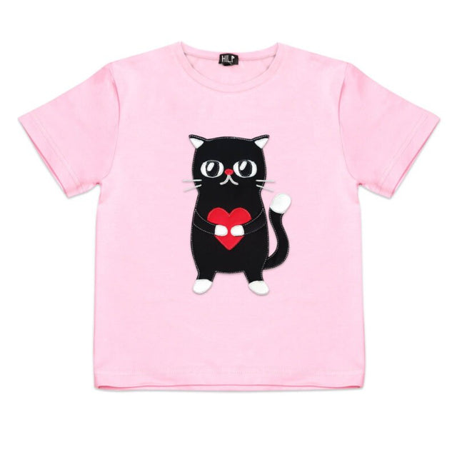 2. Kids Heartful Cat T-Shirt in light pink by HILP, showcasing a playful black cat with a heart motif, crafted from breathable cotton fabric