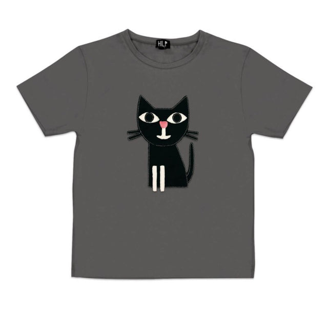 1. Kids grey cat t-shirt by HILP featuring a playful black cat design, made from stretchy cotton blend