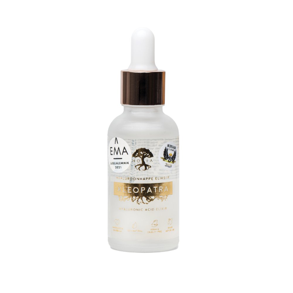 2. HOIA homespa Hyaluronic Acid Elixir Kleopatra bottle with dropper, studio shot