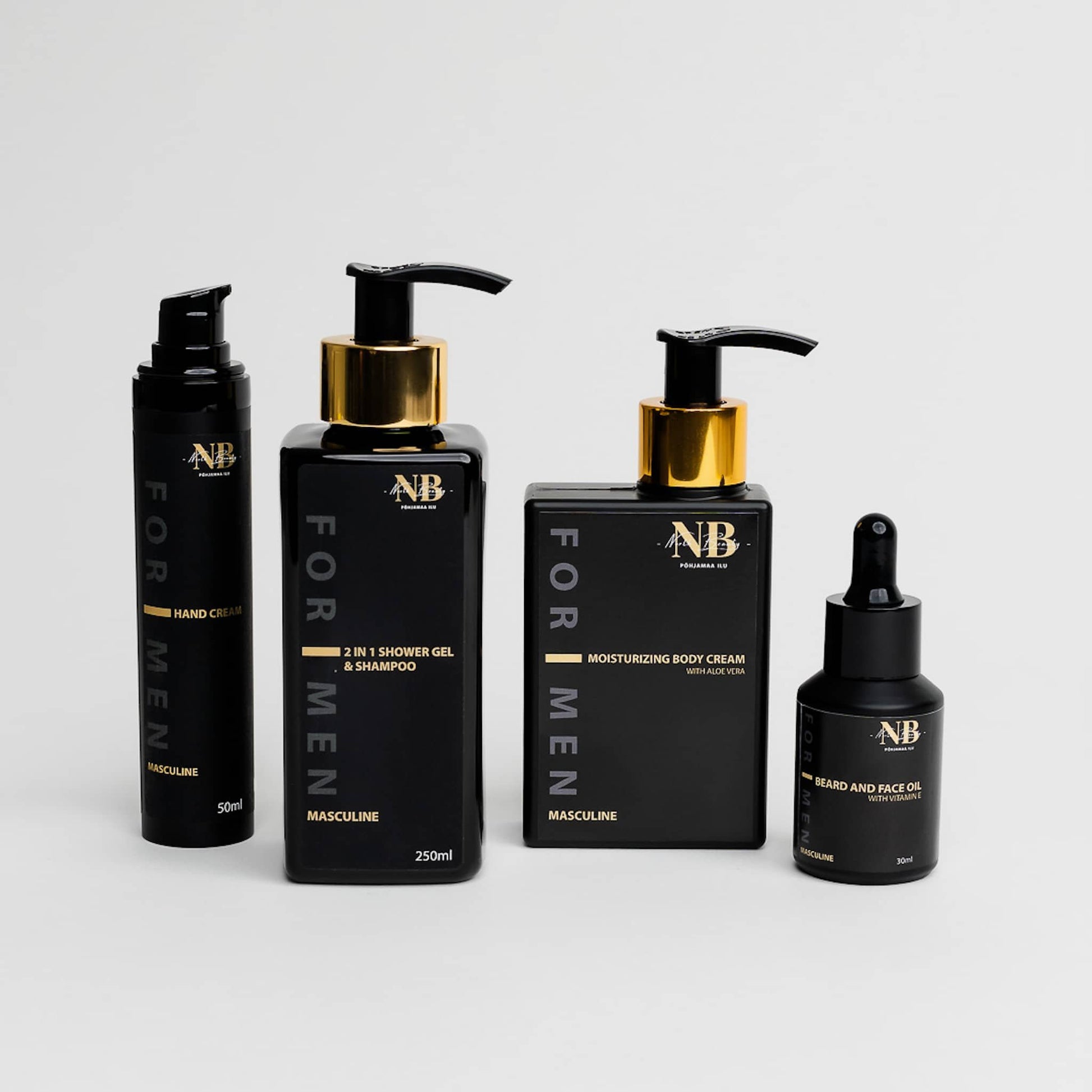 2. North Beauty men's grooming set featuring 2 in 1 shower gel, moisturizing body cream, hand cream, and beard oil in studio