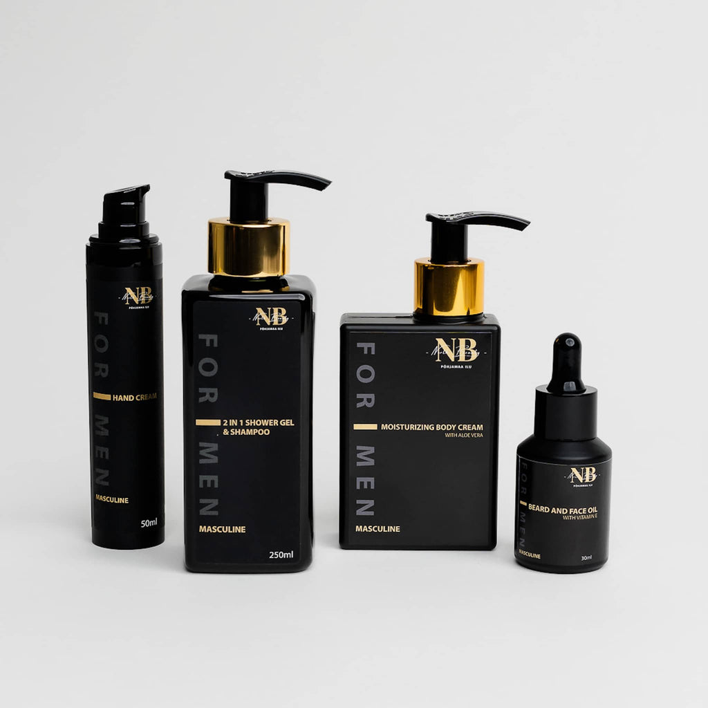 2. North Beauty men's grooming set featuring face and beard oil, shower gel, body cream, and hand cream in studio setting