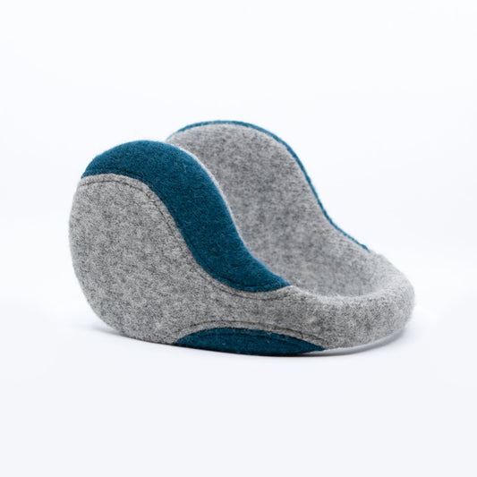 1. HERTTA felted wool earmuffs in light grey and aquamarine, studio shot showing side view
