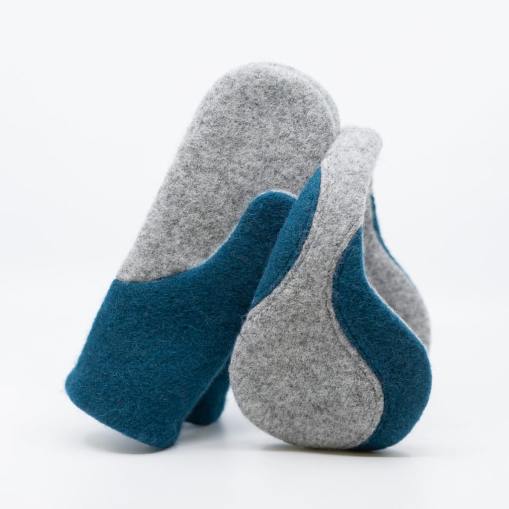 2. Close-up of HERTTA felted wool mittens in light grey and aquamarine, highlighting texture and design