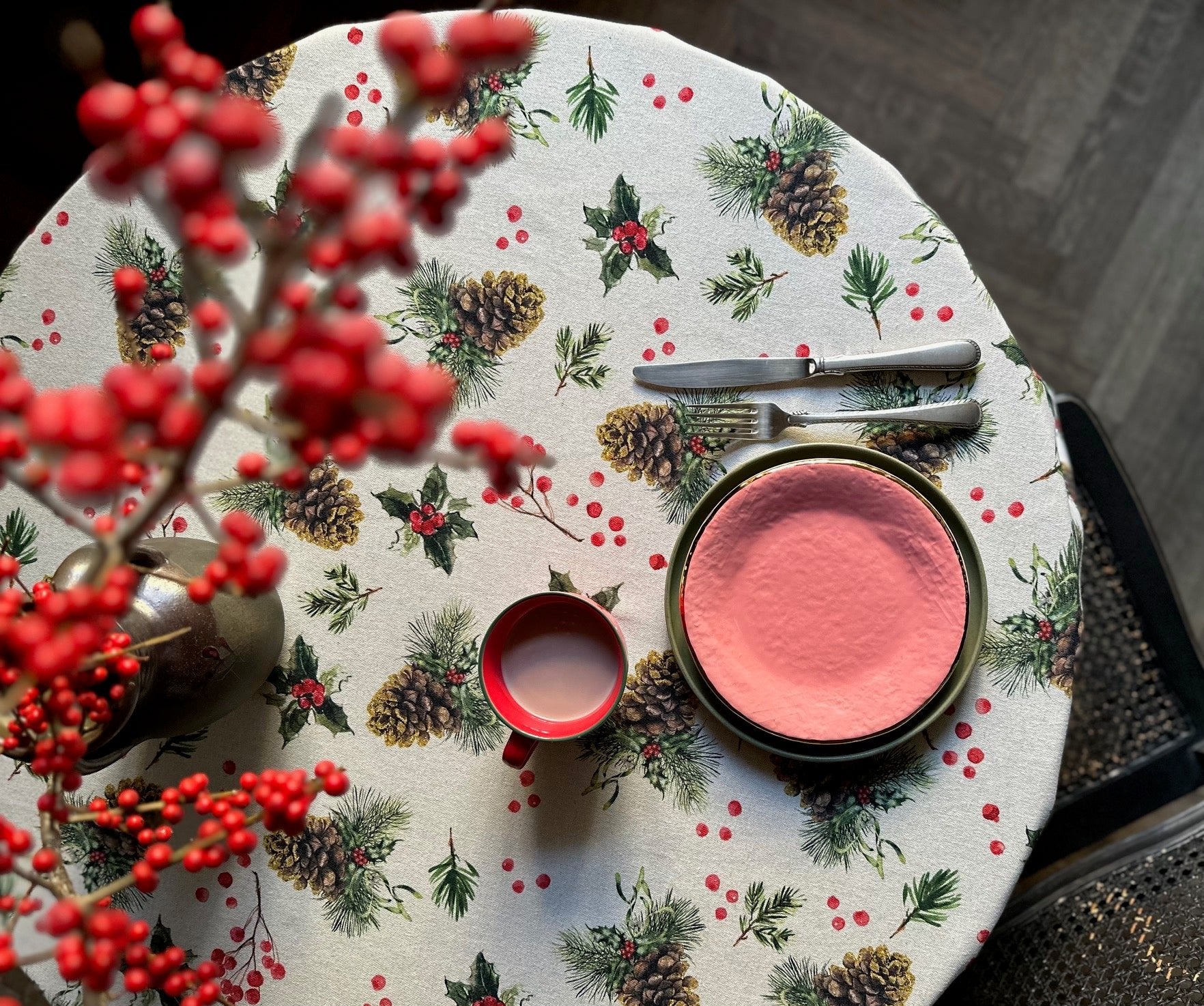 1. Christmas Motive Golden Pine Round Tablecloth by Hortensias Home, styled with festive table setting, featuring pine and berry print