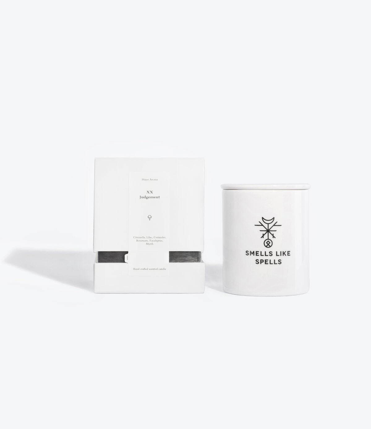 3. Smells Like Spells Scented Candle JUDGEMENT with packaging, featuring Major Arcana Tarot inspiration, studio setting