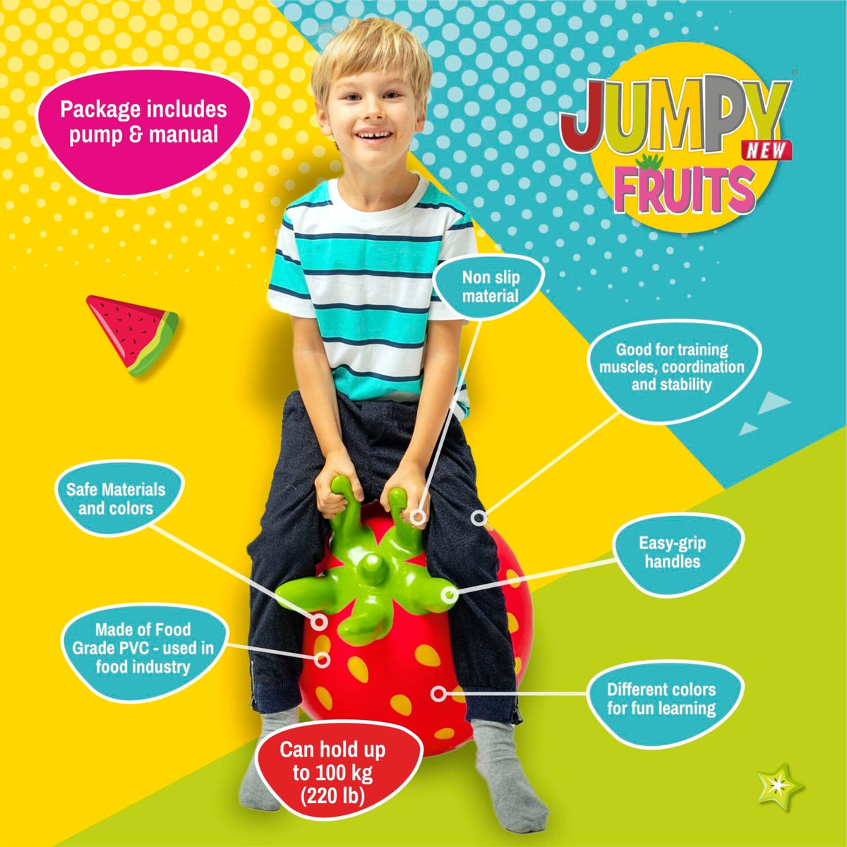 1. Child sitting on red strawberry-shaped Jumpy toy with green handles, wearing striped shirt and jeans
