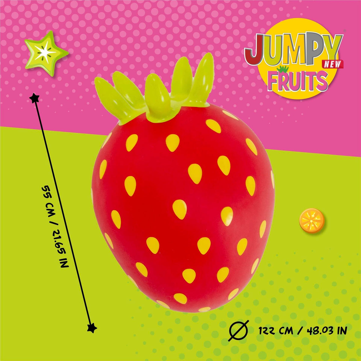 5. Size chart for Jumpy Fruits strawberry toy showing dimensions in centimeters and inches