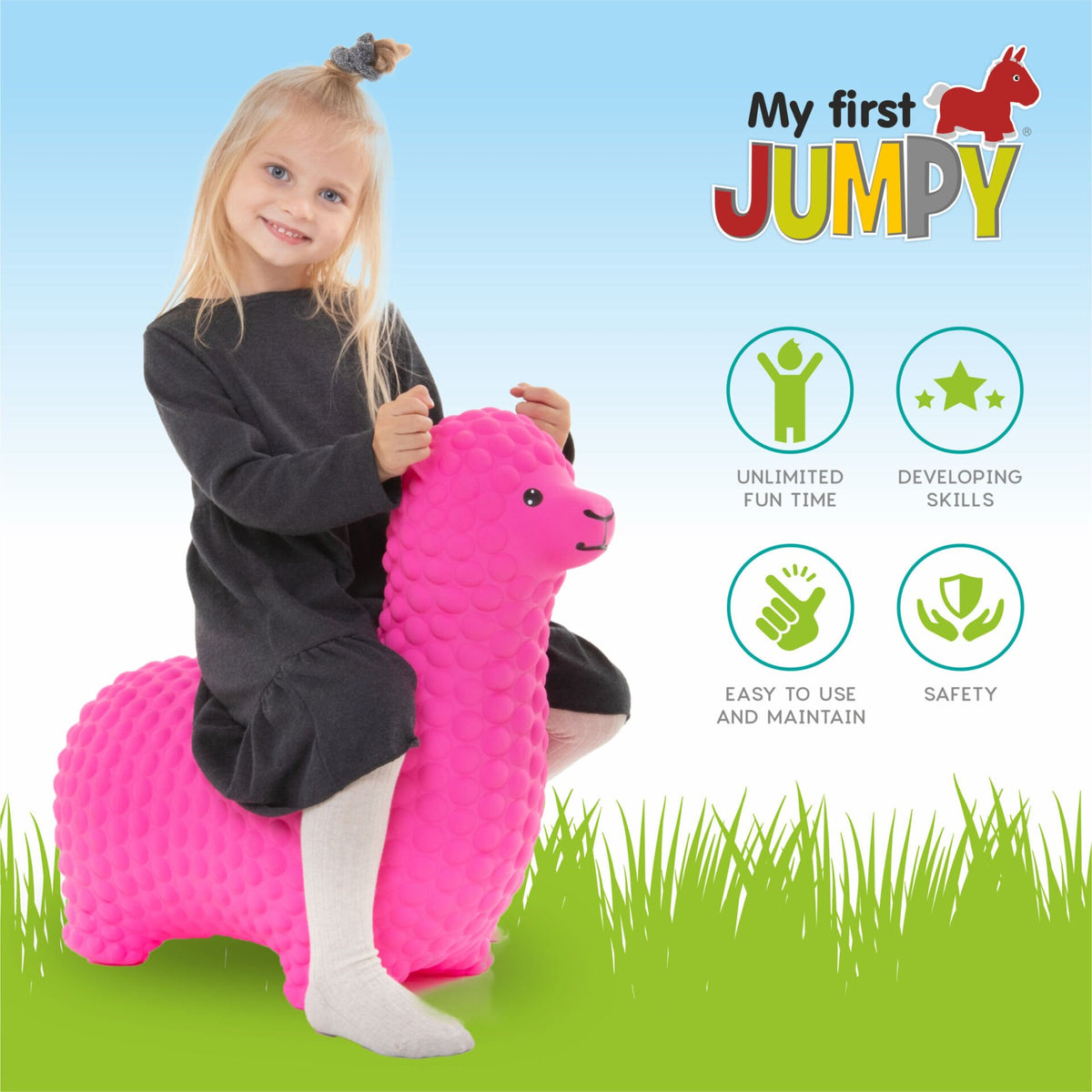 3. Girl on pink alpaca hopper with My First JUMPY logo and icons for fun, skills, and safety