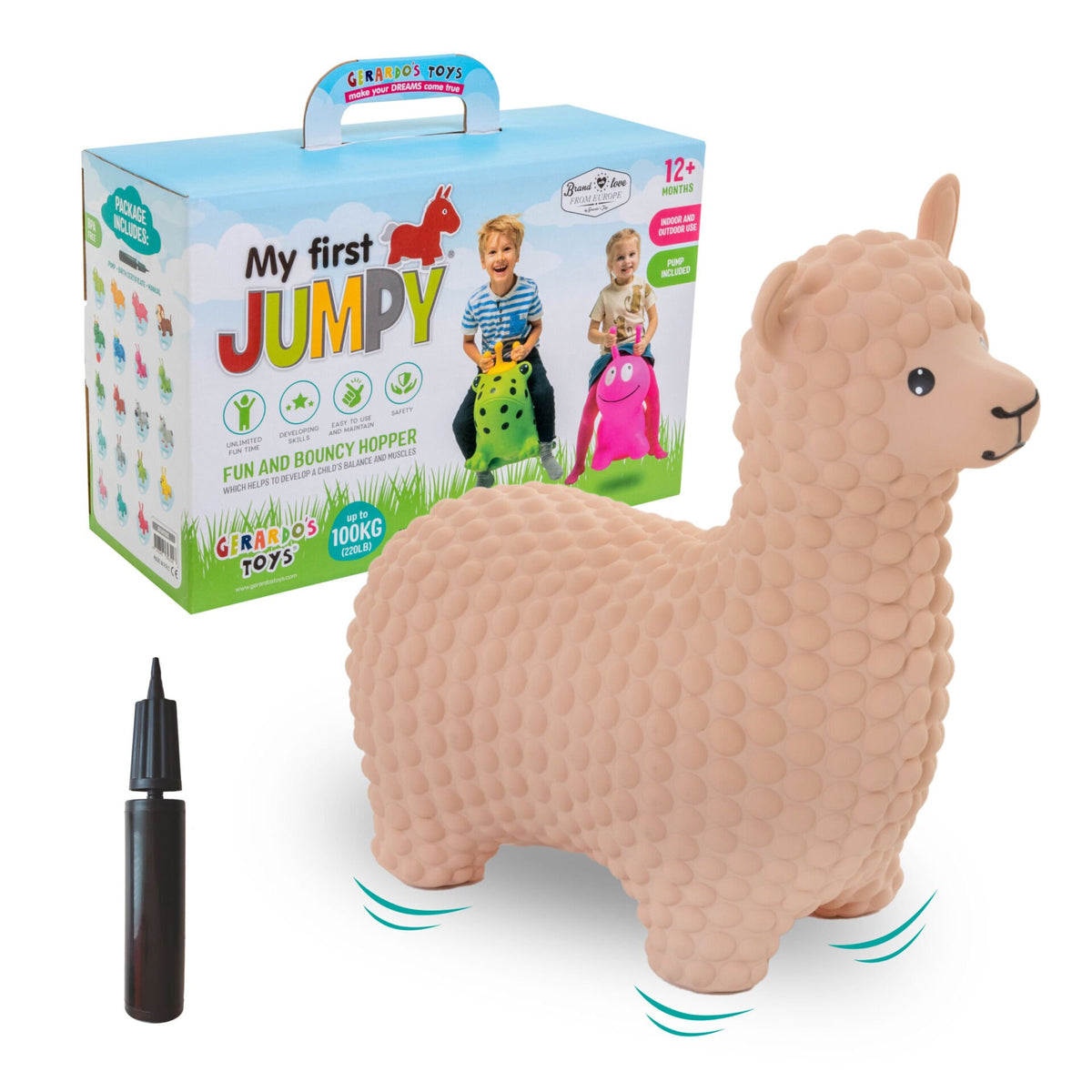 2. Beige alpaca hopper toy with packaging and pump included