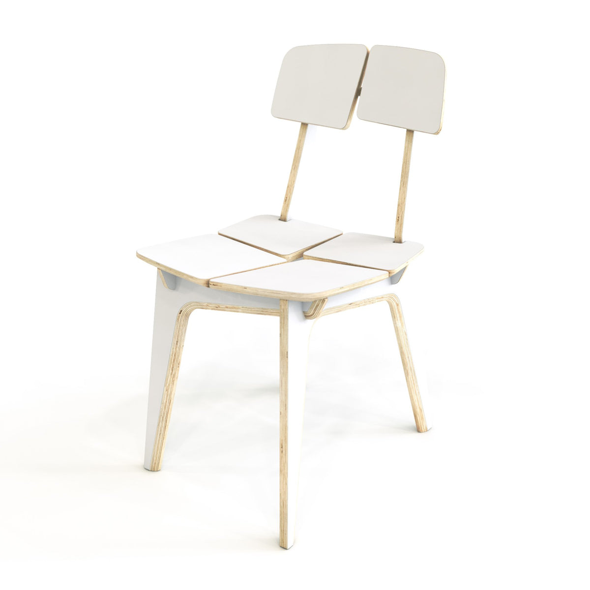 1. White Woodpecker wooden dining chair with ergonomic design, shown in a studio setting highlighting its modern laminated plywood construction