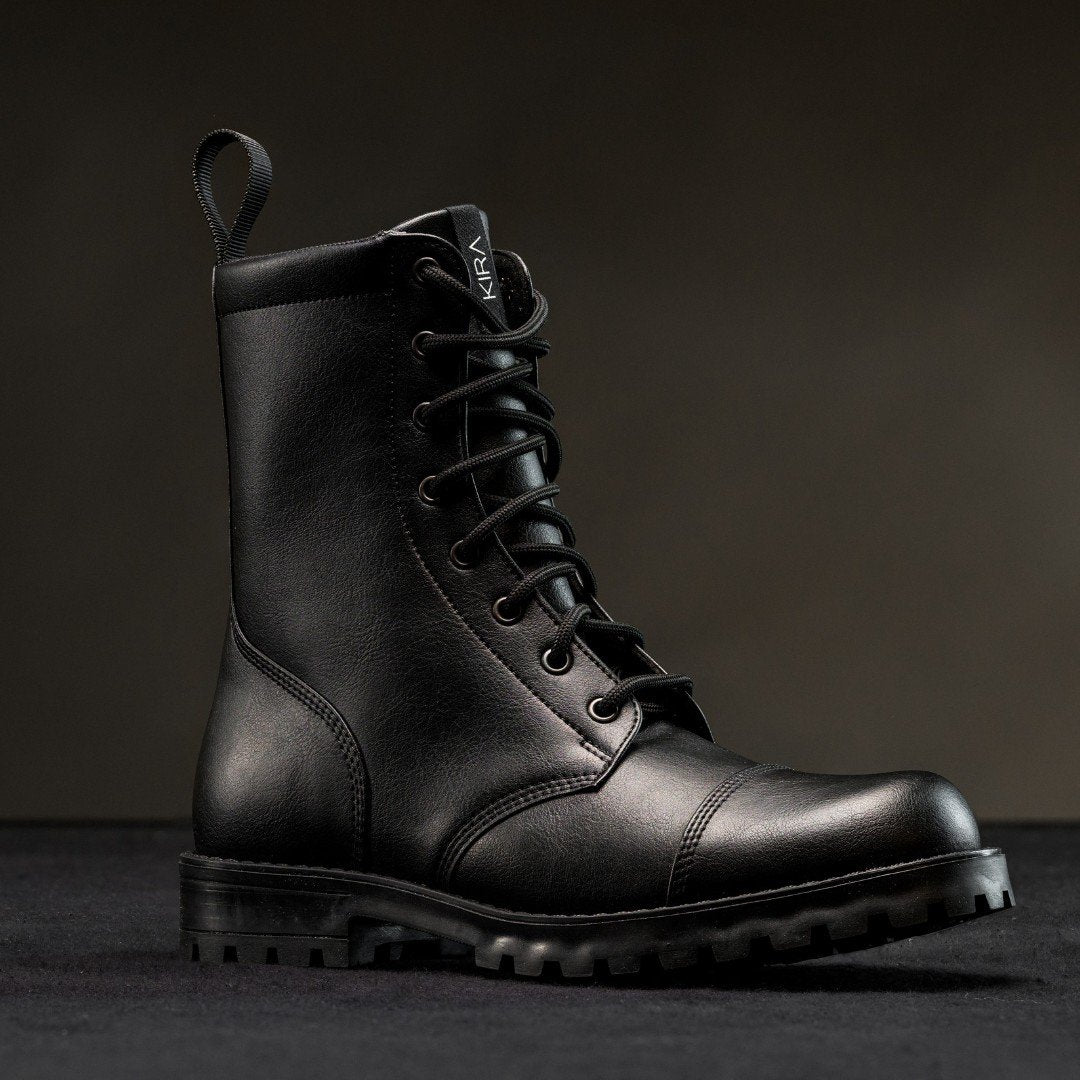 1. KIRA 6.0 black vegan-friendly boots with side zipper and durable rubber sole, studio shot