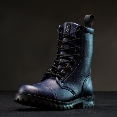 2. KIRA 6.0 sustainable blue boots with leather-like finish and deep tread sole, studio shot