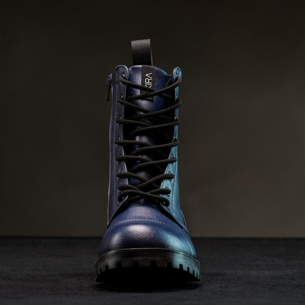 3. Front view of KIRA 6.0 blue boots highlighting lace-up design and breathable material