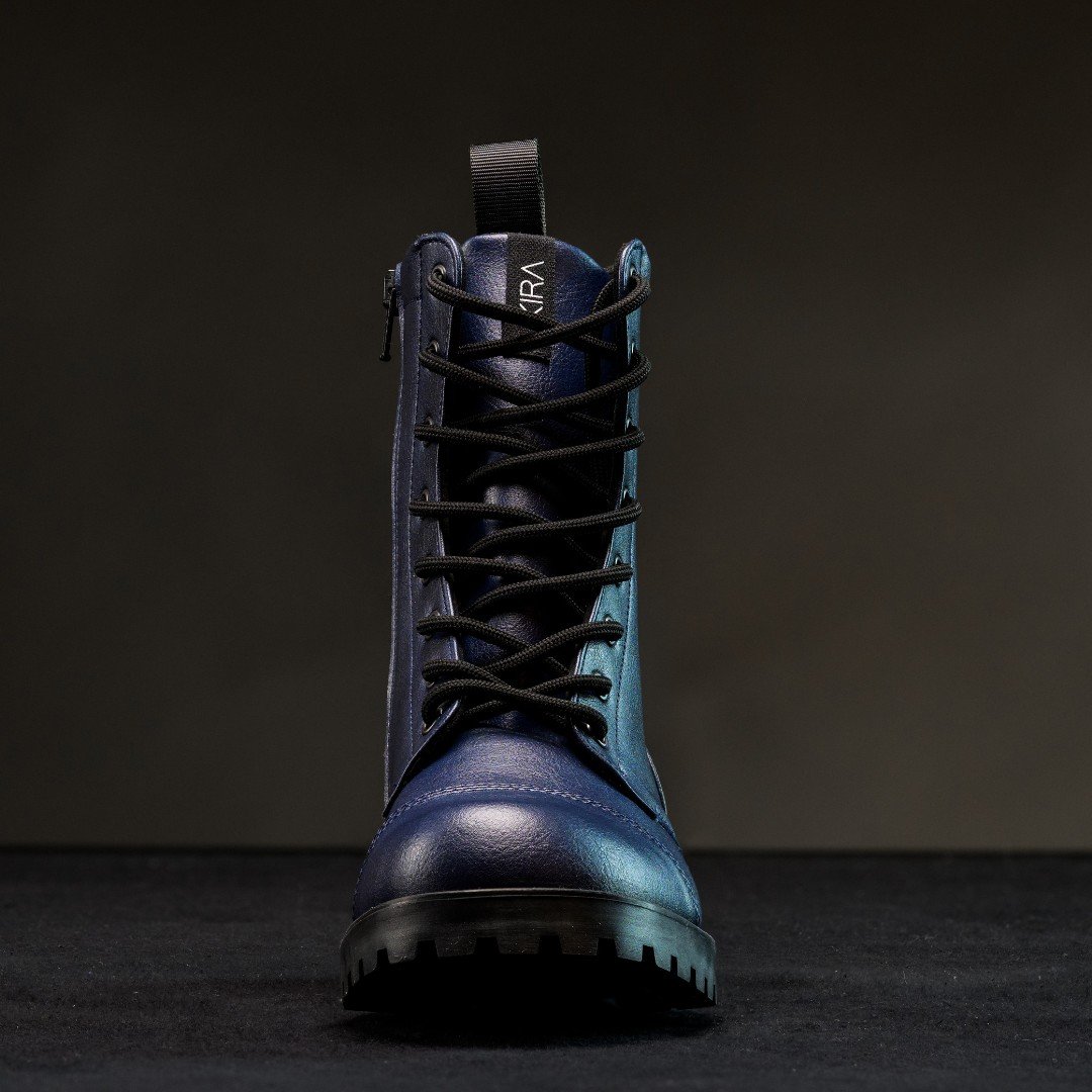 3. Front view of KIRA 6.0 blue boots highlighting lace-up design and breathable material