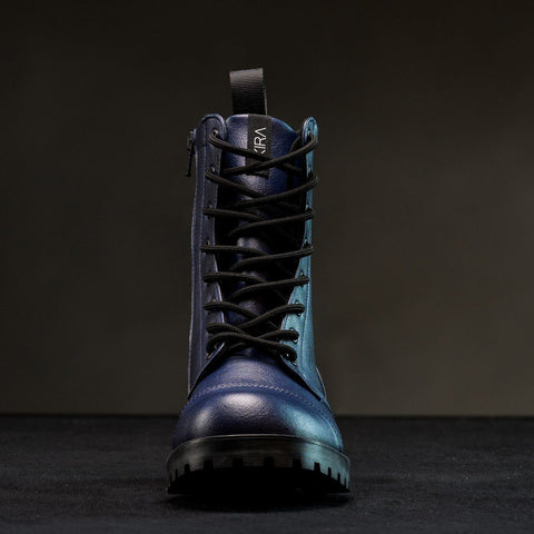 3. Front view of KIRA 6.0 blue boots highlighting lace-up design and breathable material