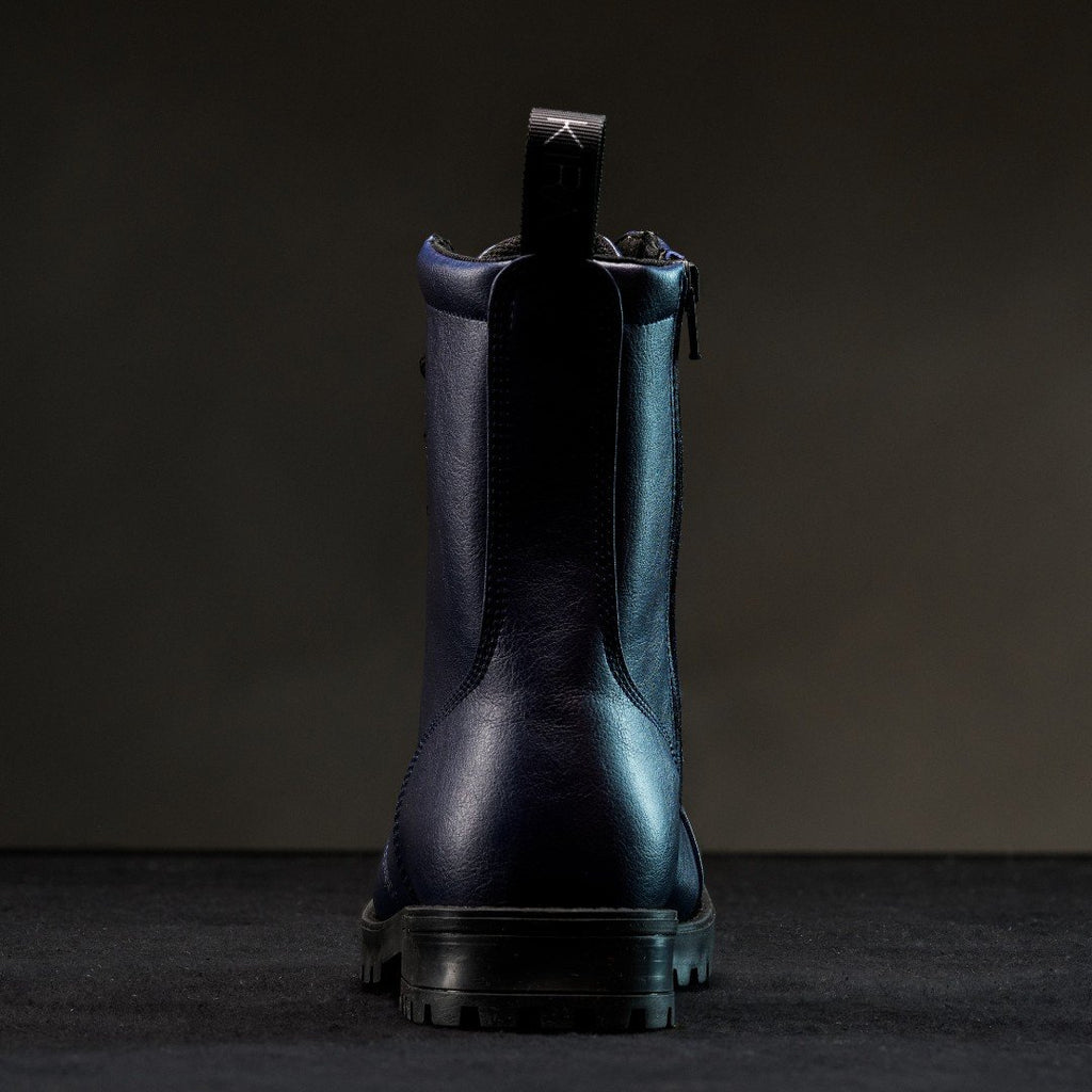 4. Back view of KIRA 6.0 blue boots showing pull tab and sleek design