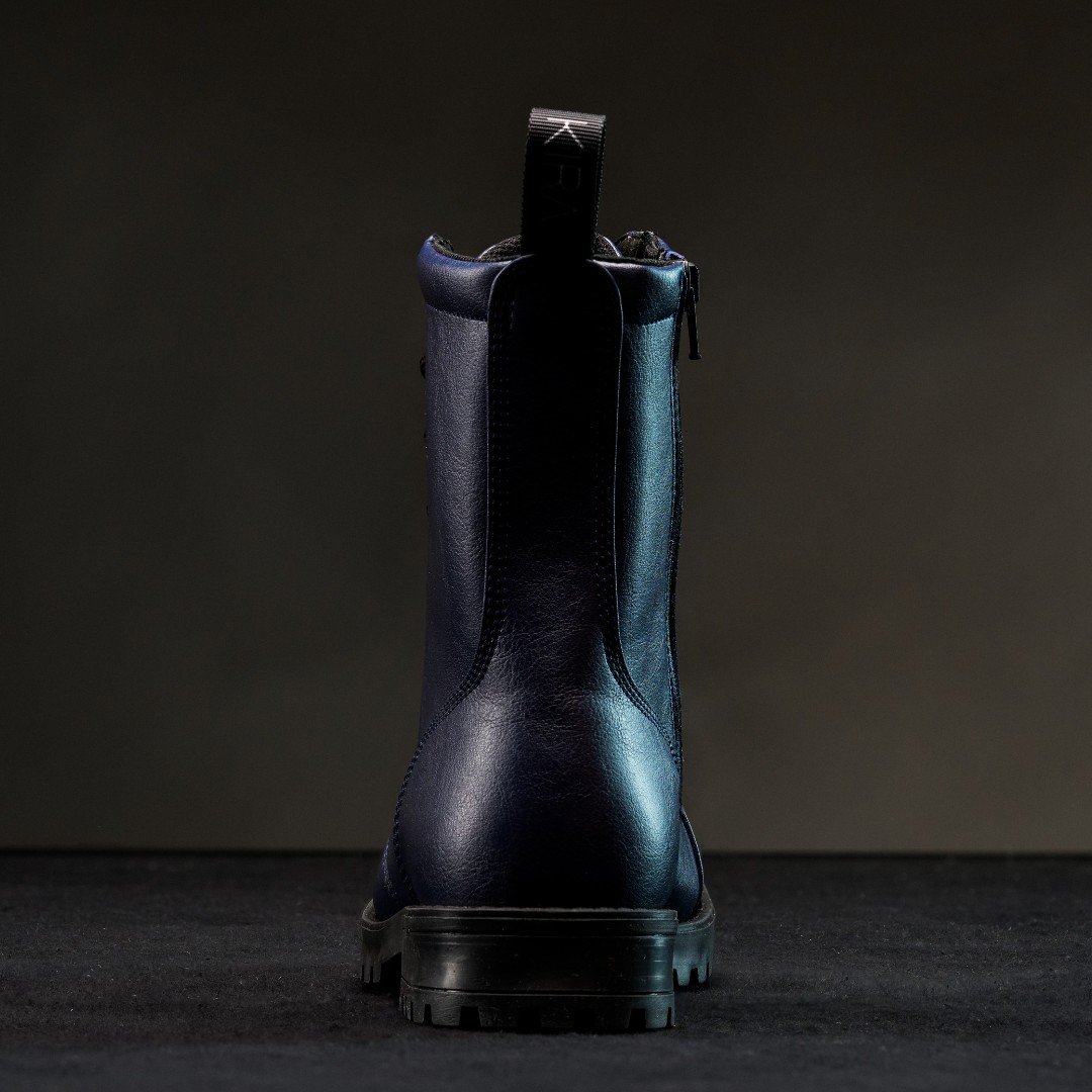 4. Back view of KIRA 6.0 blue boots showing pull tab and sleek design