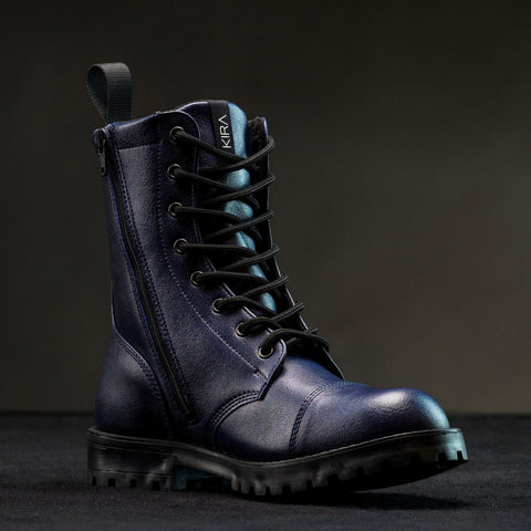 1. KIRA 6.0 blue vegan-friendly boots with side zipper and durable rubber sole, shown in studio setting