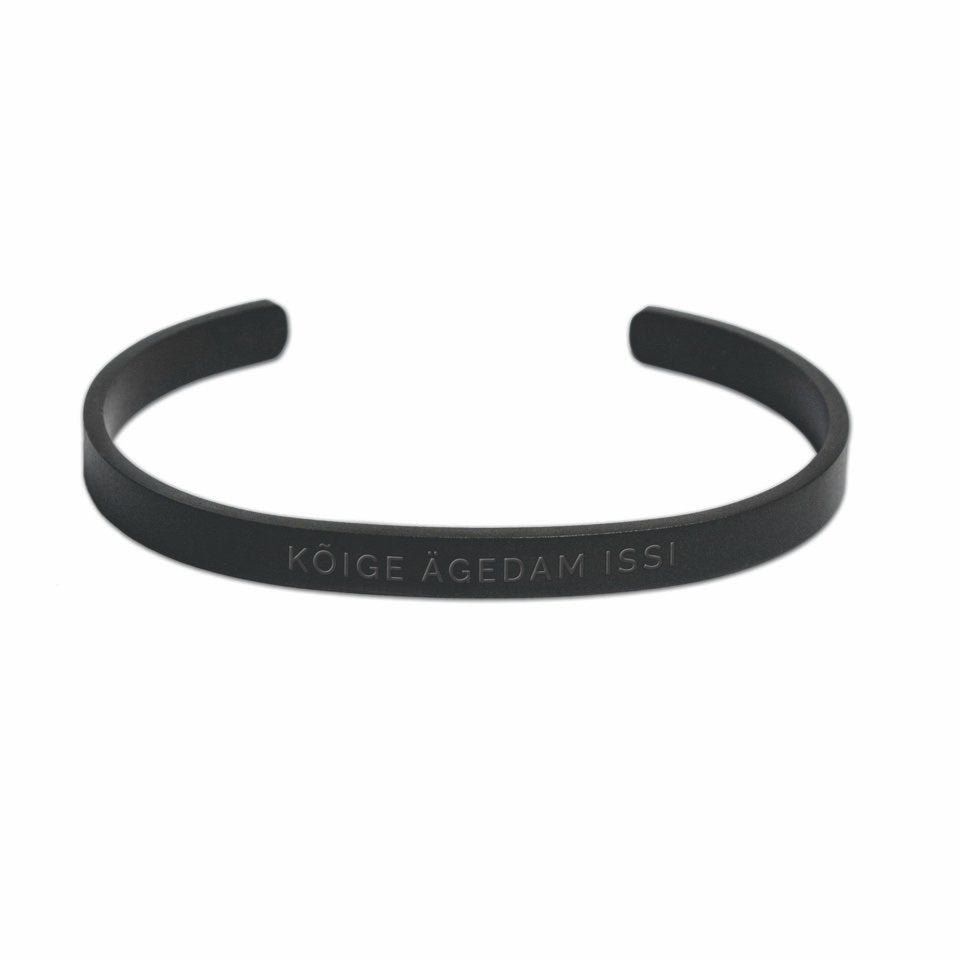 2. Men's matte black stainless steel bracelet with engraved text 'KÕIGE ÄGEDAM ISSI' shown on a white background