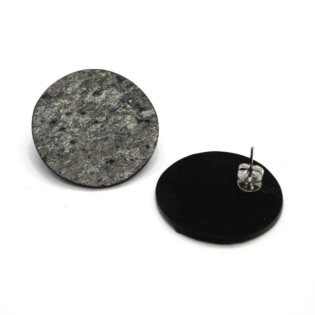 2. Pair of Seif Design Orbit TUME KASK earrings featuring round slate and marble design on a white background, showcasing minimalist and nature-inspired style