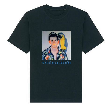2. Black unisex t-shirt with colorful pop art print of person and parrot, featuring glitter print logo 'Katrin Valgemäe'