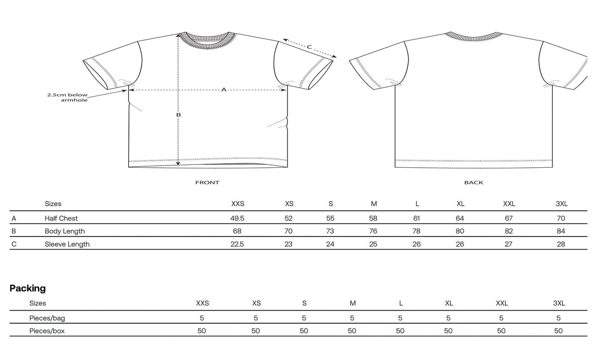 3. Size chart for unisex t-shirt showing measurements for half chest, body length, and sleeve length in centimeters