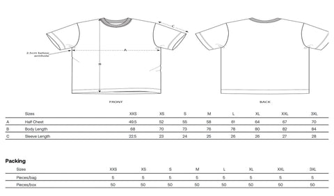 3. Size chart for unisex t-shirt showing measurements for half chest, body length, and sleeve length in centimeters