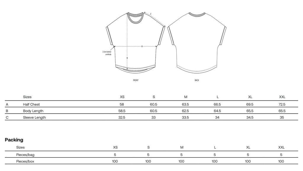 2. Size chart for women's cropped t-shirt showing measurements for half chest, body length, and sleeve length in centimeters.