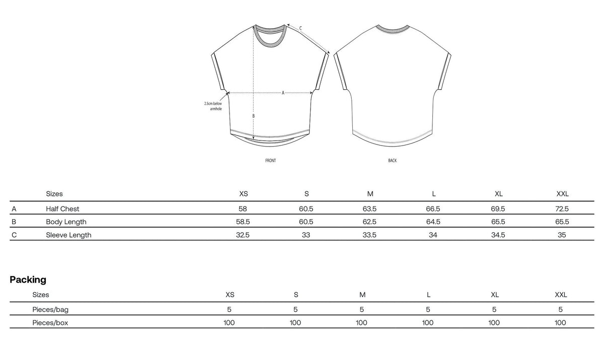 2. Size chart for women's cropped t-shirt showing measurements for half chest, body length, and sleeve length in centimeters.