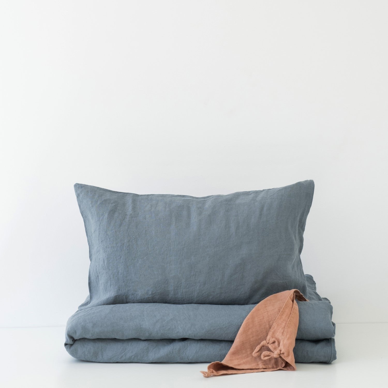 2. Blue fog linen duvet cover set with pillowcase on white background, showcasing soft texture and natural color