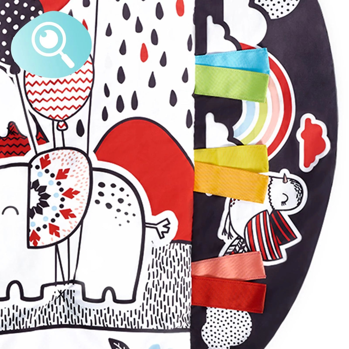 6. Close-up of colorful ribbons and elephant design on Kinderkraft 4SMART mat