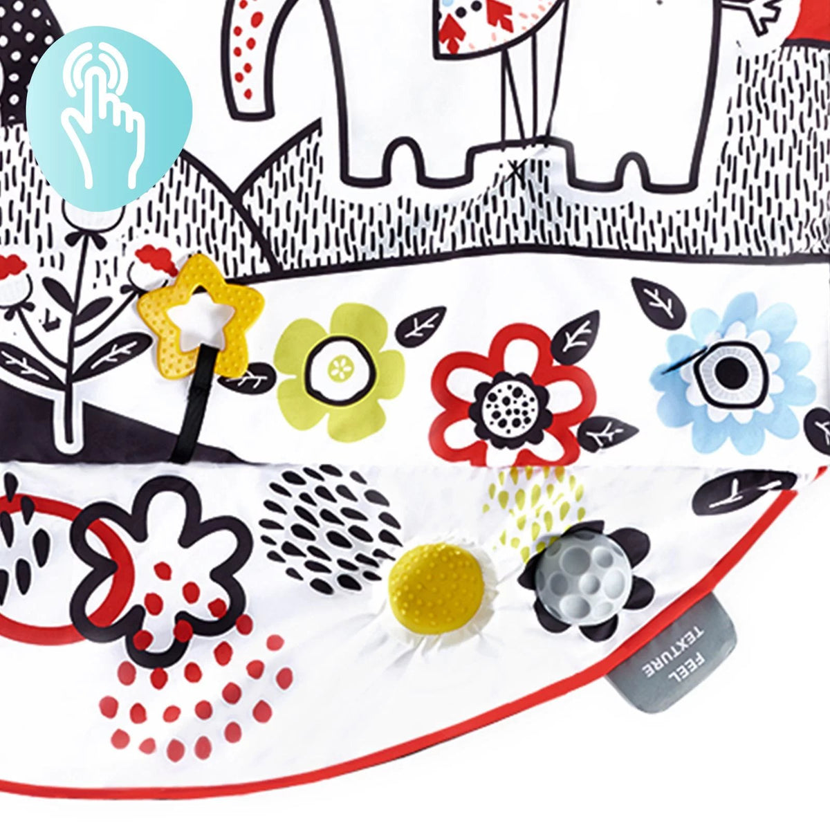 8. Close-up of sensory elements on Kinderkraft 4SMART mat with flowers and textures