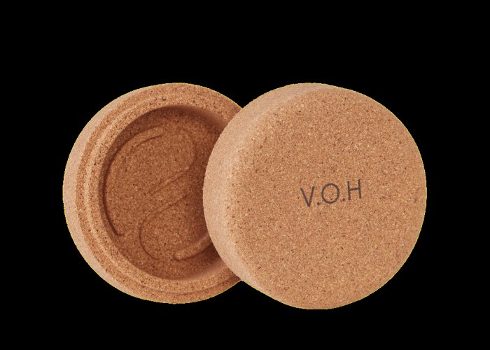 10. V.O.H corkwood case open, showing interior design for solid hair-care products
