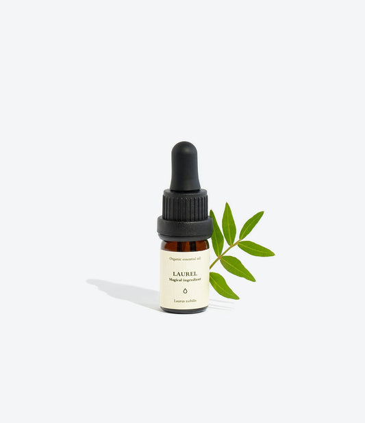 1. Smells Like Spells LAUREL Essential Oil in 5 ml glass bottle with pipette, shown with laurel leaf