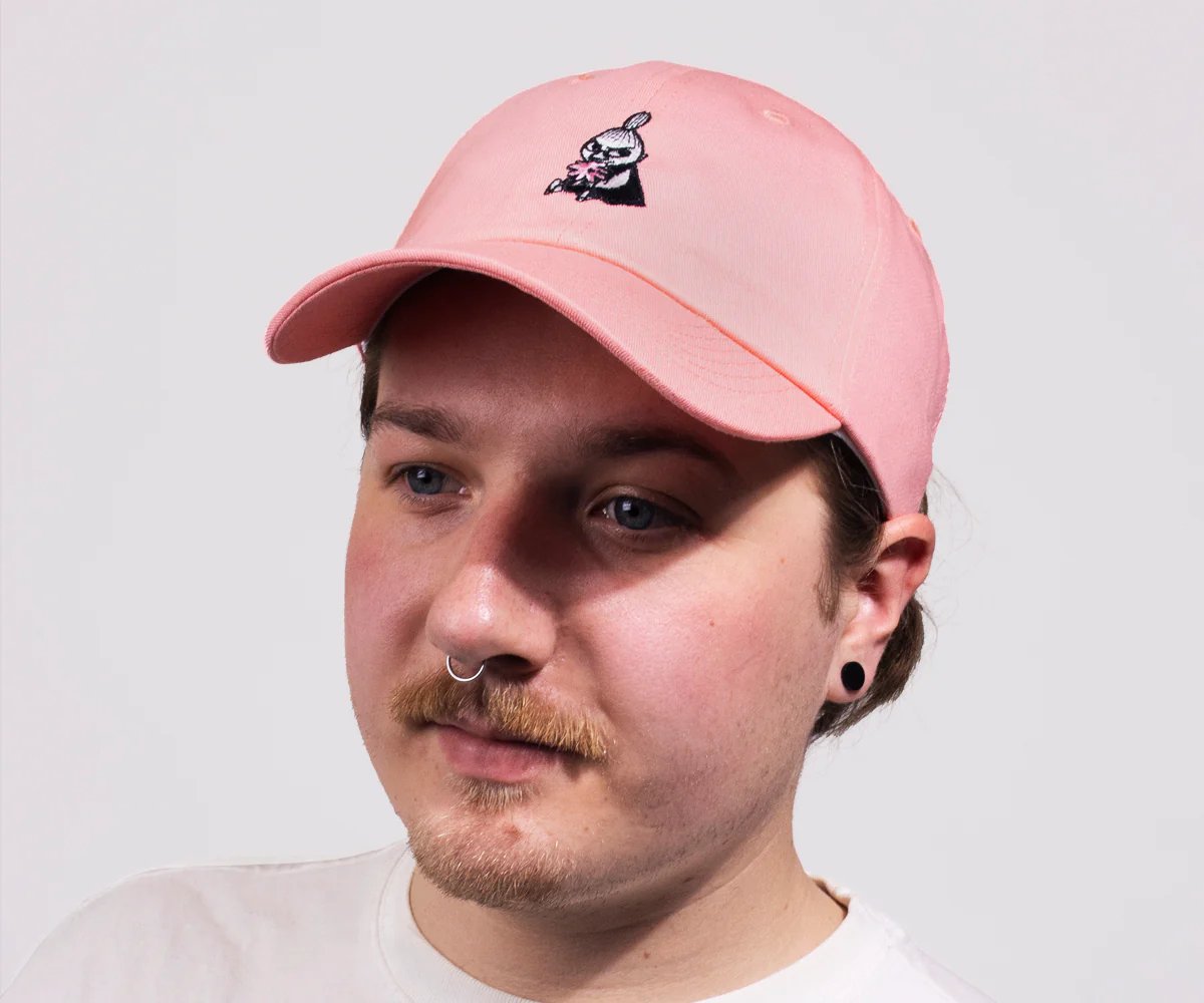 2. Men's pink Little My cap by Moomin, worn by model in studio setting