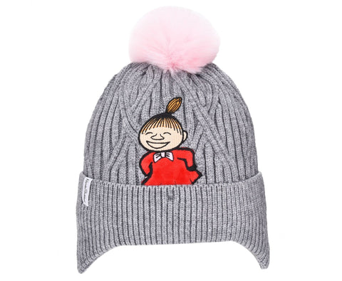 1. Kids' grey Little My winter beanie by Moomin with pink pom-pom and character embroidery, studio shot