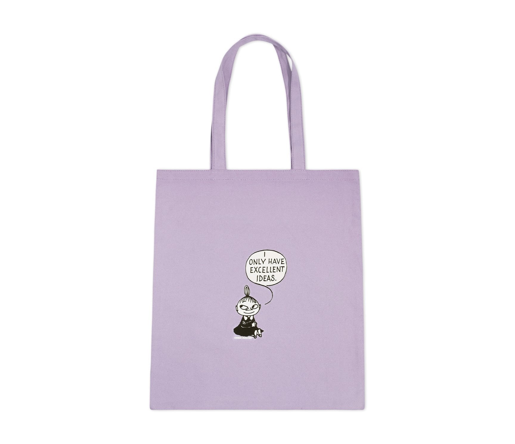 1. Little My Tote Bag in lilac with 'Only Have Excellent Ideas' text, featuring Moomin character, made of heavy cotton
