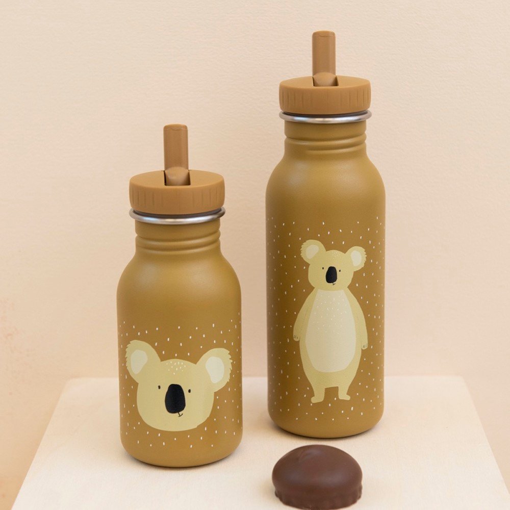 1. Two mustard-colored stainless steel bottles with koala illustrations on a light surface, featuring easy-to-open caps and handles, ideal for children.