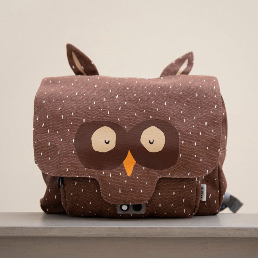 1. Brown owl-themed school bag with ears and face design on a wooden surface, perfect for kids